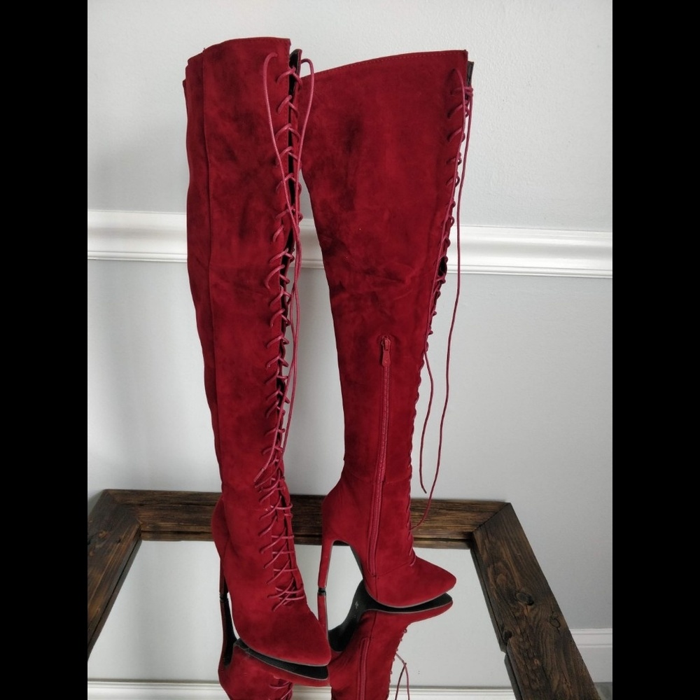 Thigh High Suede Lace Up Pointed Stilleto Heels